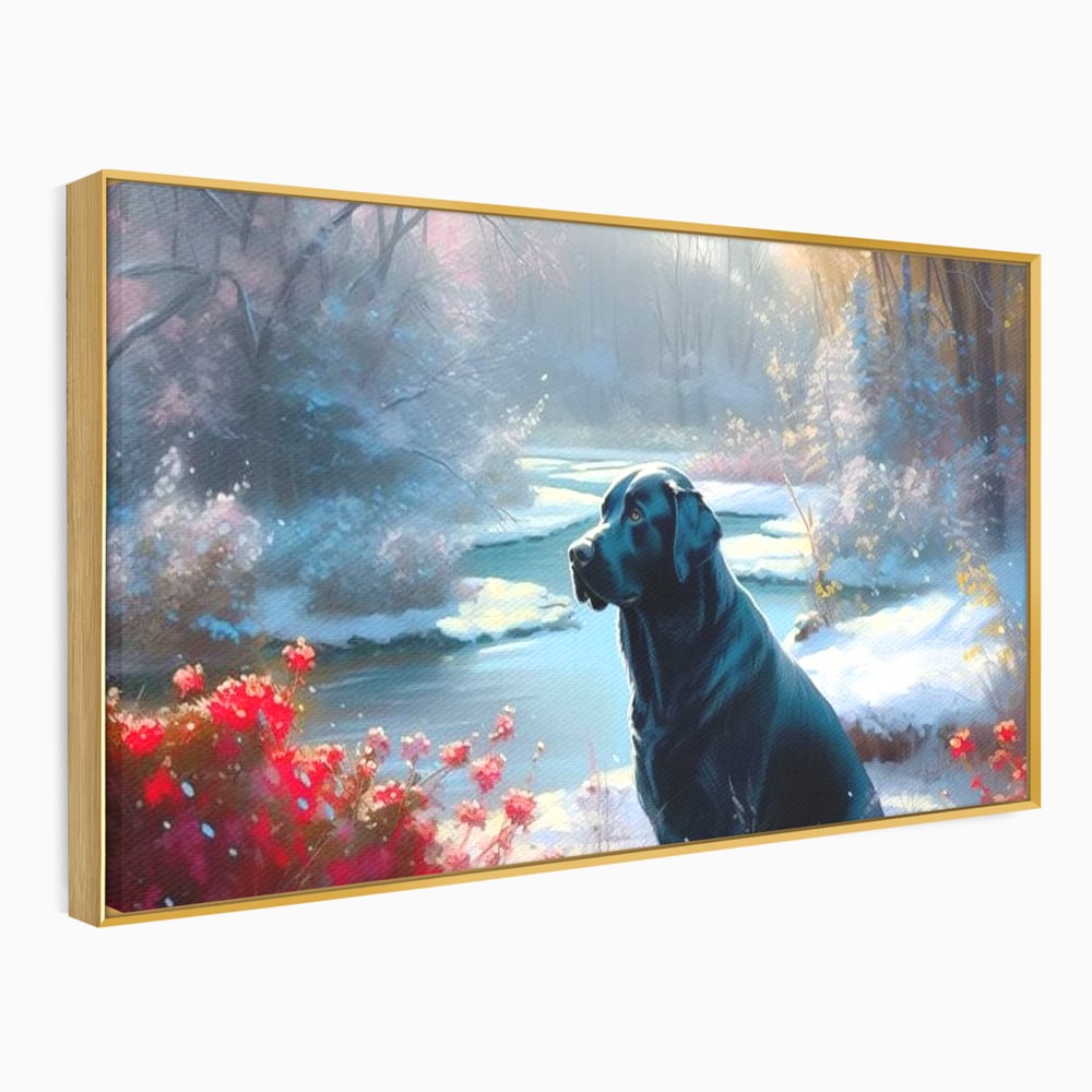 Tablou canvas cu tablou canvas cu labrador negru pe malul unui lac inzapezit, in rama de aluminiu auriu